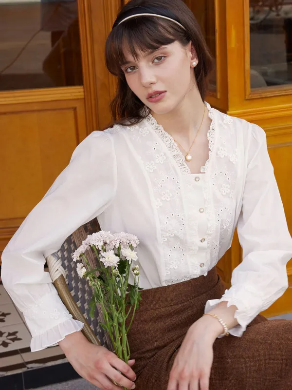 【Final Sale】Nyra Lace Panel Embroidery Ruffle Sleeve Cotton Blouse sold by Simple Retro