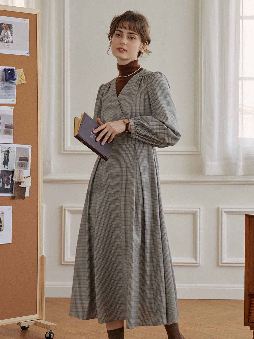 (Clearance) Maria V-neck Grey Checked Dress sold by Simple Retro