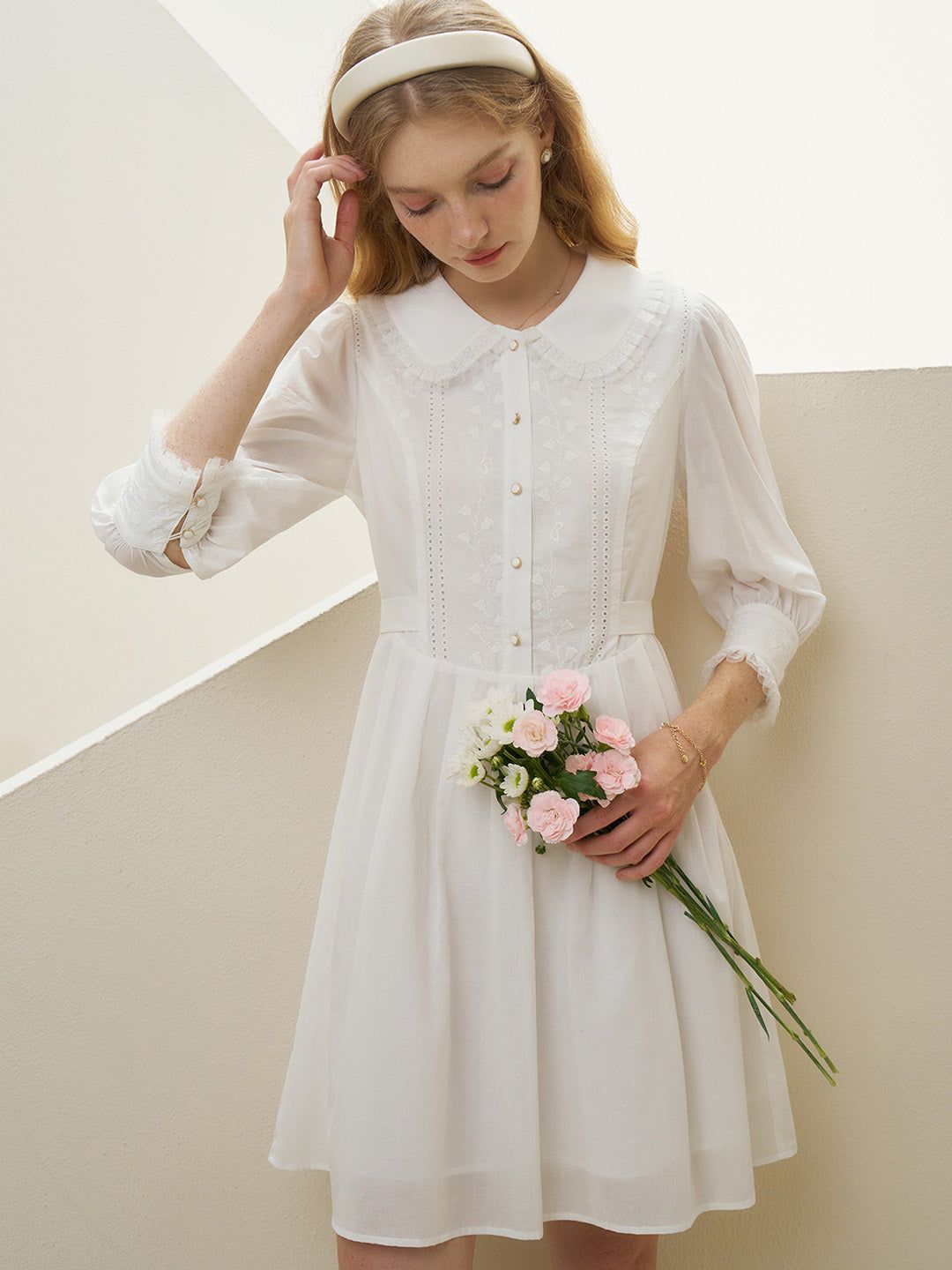 Royal Peter Pan Collar Lace Panel Embroidered Cotton Dress