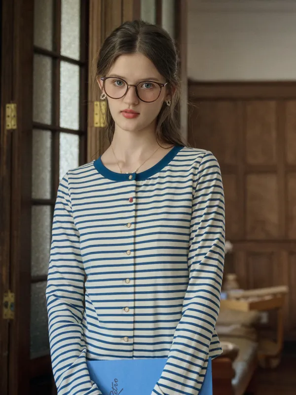 Amaia Simple Contrast Color Round Neck Striped Knitted Cardigan sold by Simple Retro