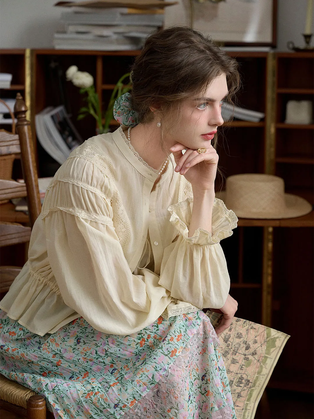 Everlee Mock Neck Ruffle Sleeve Lace Cotton Blouse sold by Simple Retro product image thumbnail 4