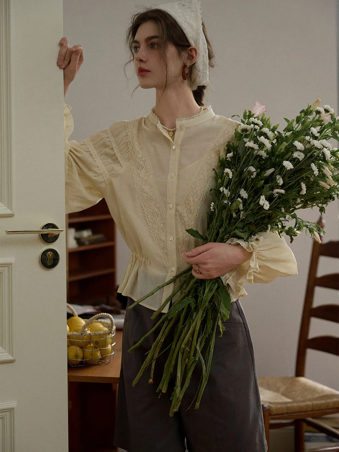 Everlee Mock Neck Ruffle Sleeve Lace Cotton Blouse sold by Simple Retro product image thumbnail 2