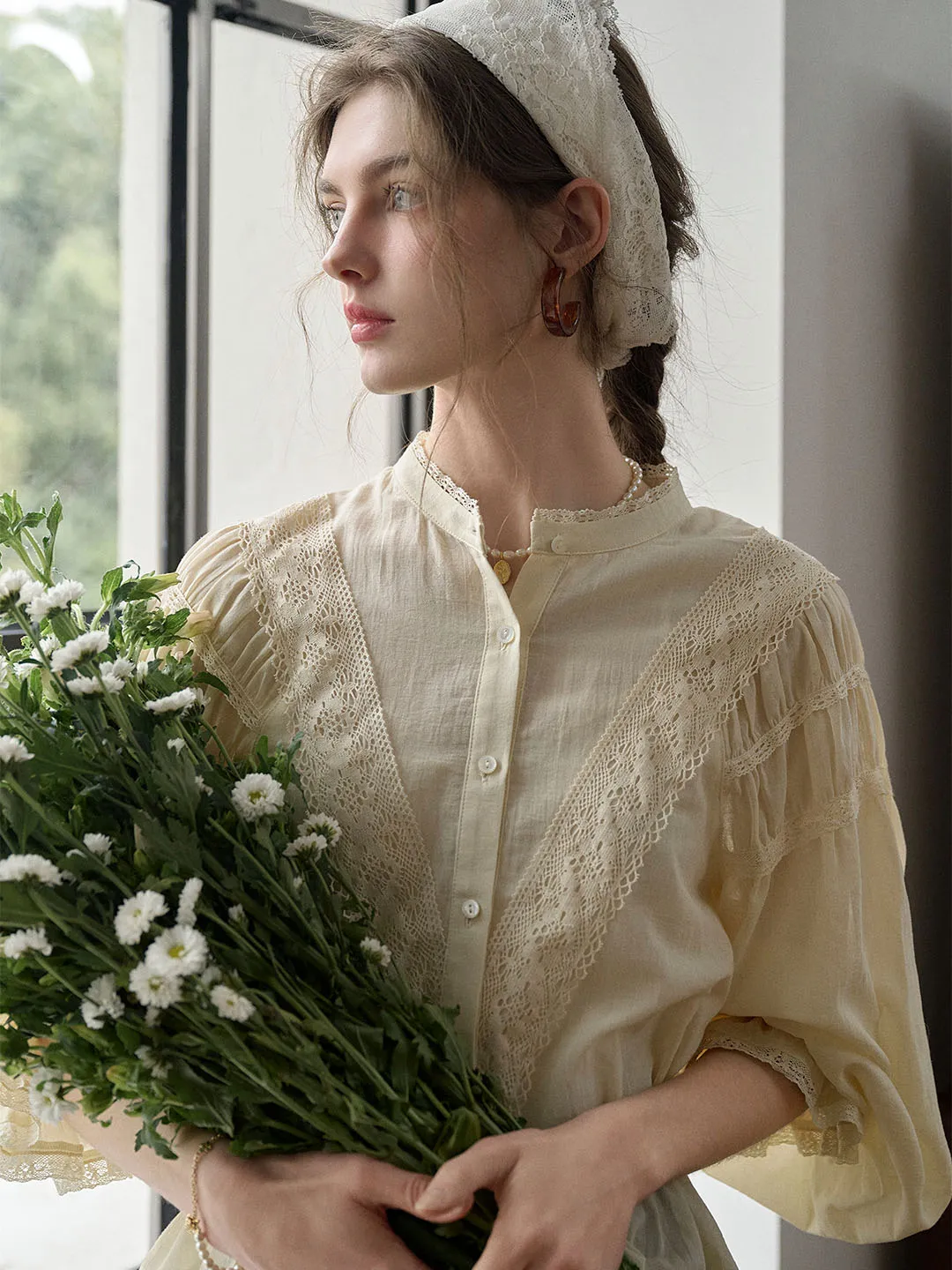 Everlee Mock Neck Ruffle Sleeve Lace Cotton Blouse sold by Simple Retro