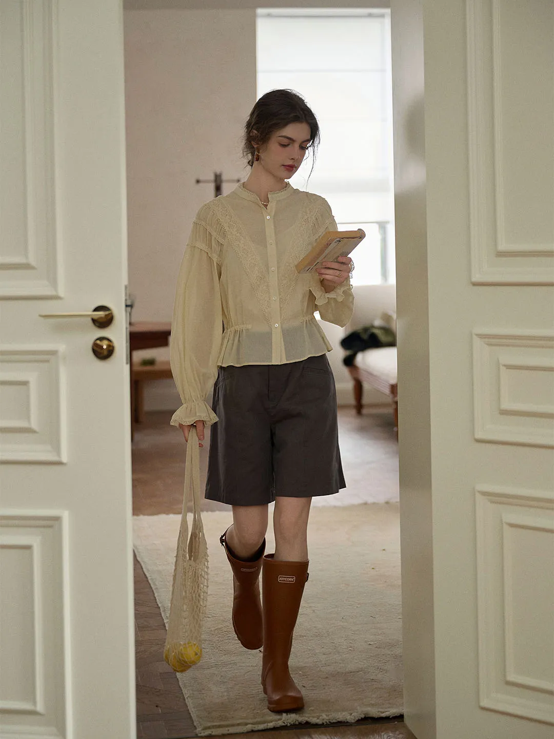 Everlee Mock Neck Ruffle Sleeve Lace Cotton Blouse sold by Simple Retro product image thumbnail 5