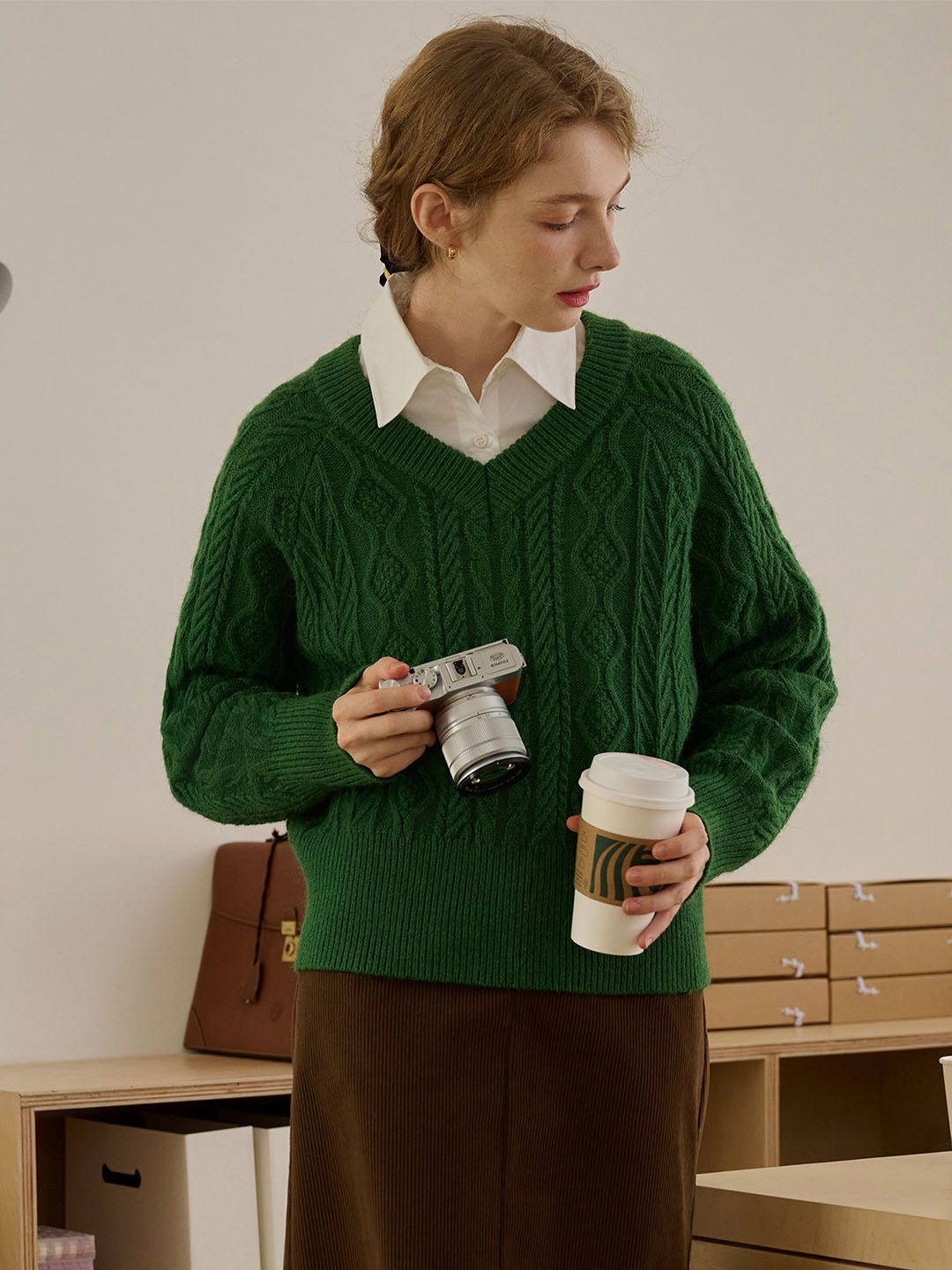 Everly Solid Raglan Sleeve Cable Knit Sweater sold by Simple Retro product image thumbnail 2