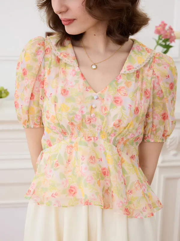 【Final Sale】Aliza Chiffon V-neck Puff Sleeve Blouse sold by Simple Retro