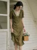 Stormi Charming V-neck Lace Trimmed Floral Print Dress - Olive Green sold by Simple Retro