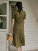 Stormi Charming V-neck Lace Trimmed Floral Print Dress - Olive Green sold by Simple Retro
