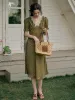 Stormi Charming V-neck Lace Trimmed Floral Print Dress - Olive Green sold by Simple Retro