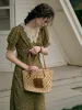 Stormi Charming V-neck Lace Trimmed Floral Print Dress - Olive Green sold by Simple Retro