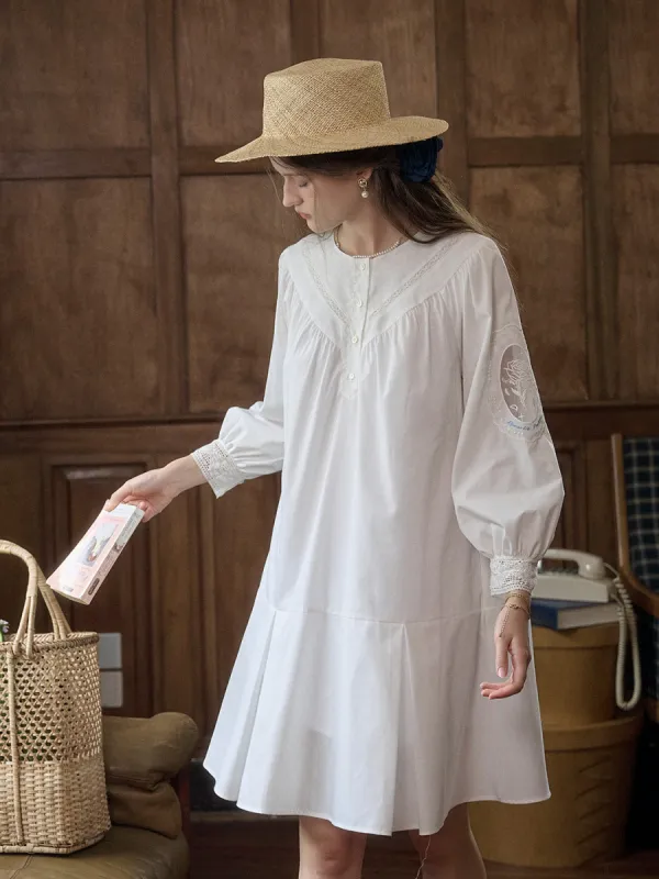 Ailani Classic Round Neck Hollow Embroidery Lantern Sleeve Cotton Dress sold by Simple Retro