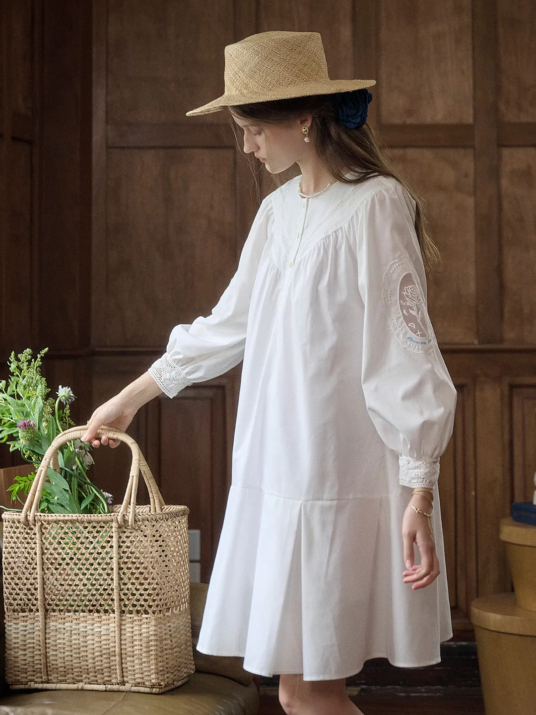 Ailani Classic Round Neck Hollow Embroidery Lantern Sleeve Cotton Dress sold by Simple Retro product image thumbnail 3