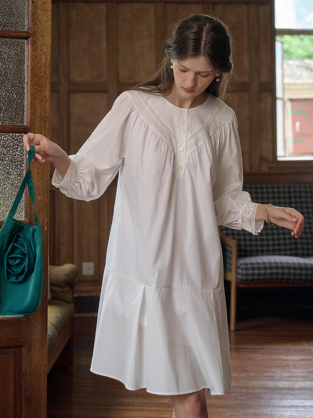 Ailani Classic Round Neck Hollow Embroidery Lantern Sleeve Cotton Dress sold by Simple Retro product image thumbnail 2