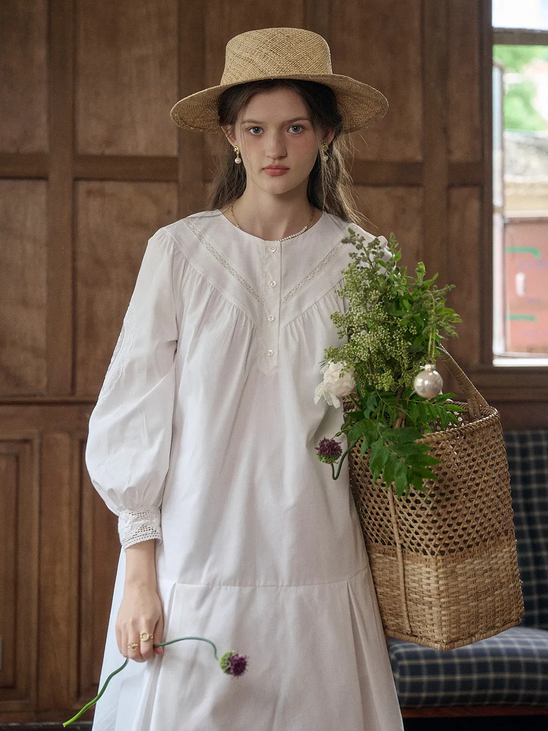 Ailani Classic Round Neck Hollow Embroidery Lantern Sleeve Cotton Dress sold by Simple Retro product image thumbnail 4