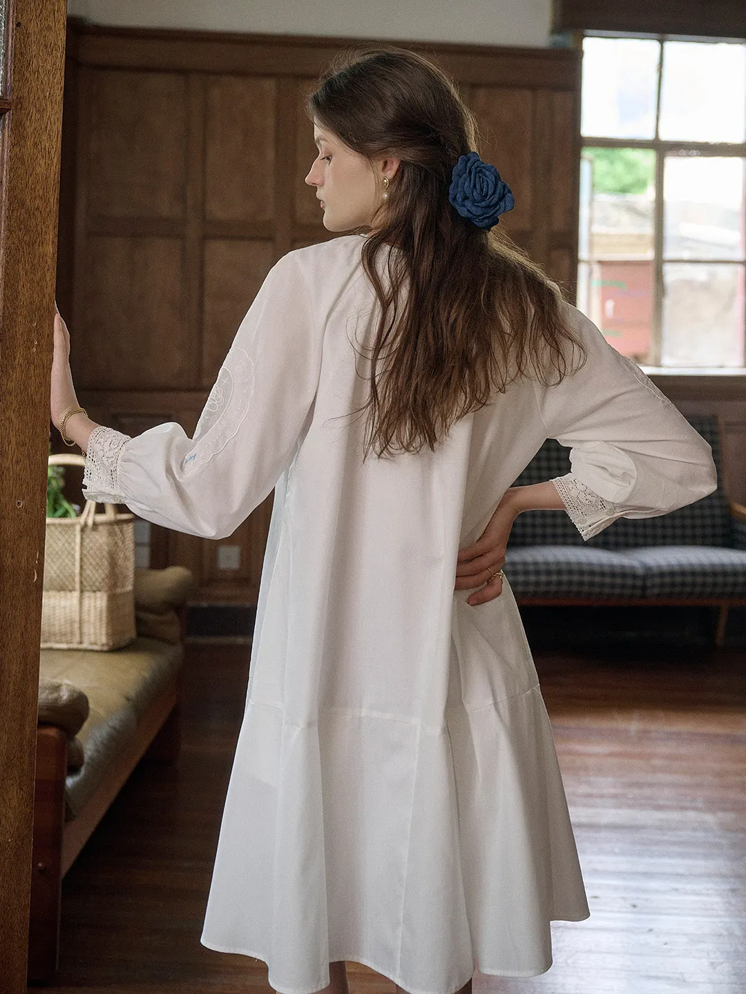 Ailani Classic Round Neck Hollow Embroidery Lantern Sleeve Cotton Dress sold by Simple Retro product image thumbnail 5