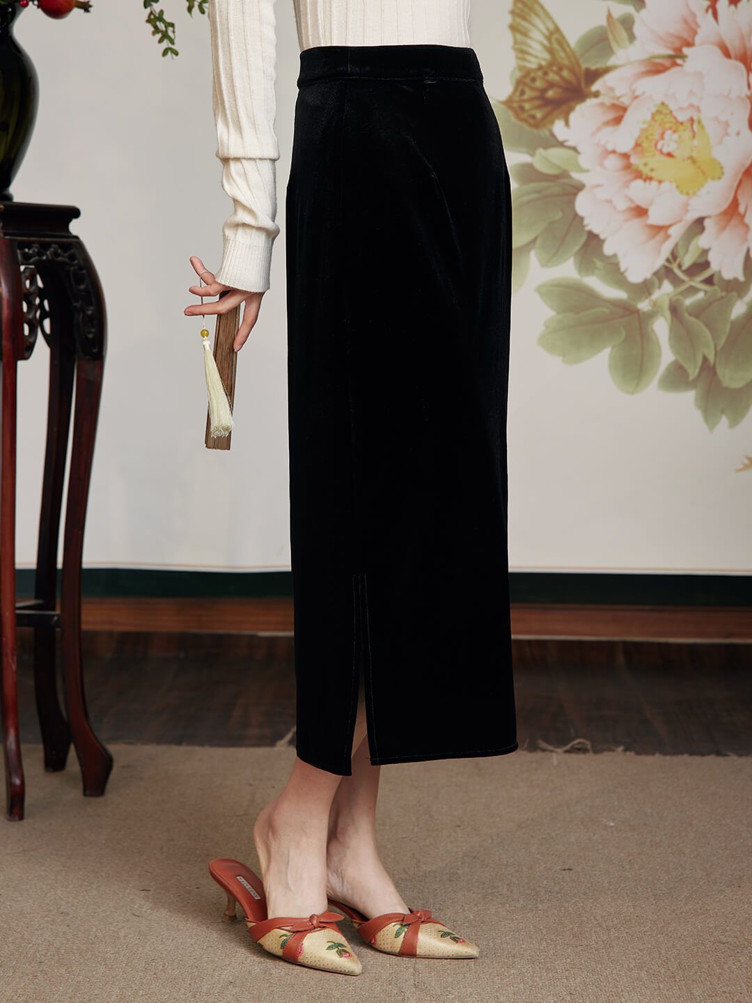 Bethany Straight Black Midi Velvet Skirt sold by Simple Retro product image thumbnail 5