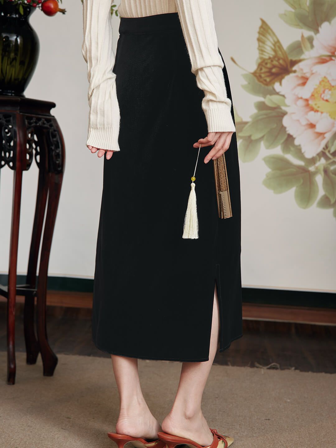 Bethany Straight Black Midi Velvet Skirt sold by Simple Retro product image thumbnail 2