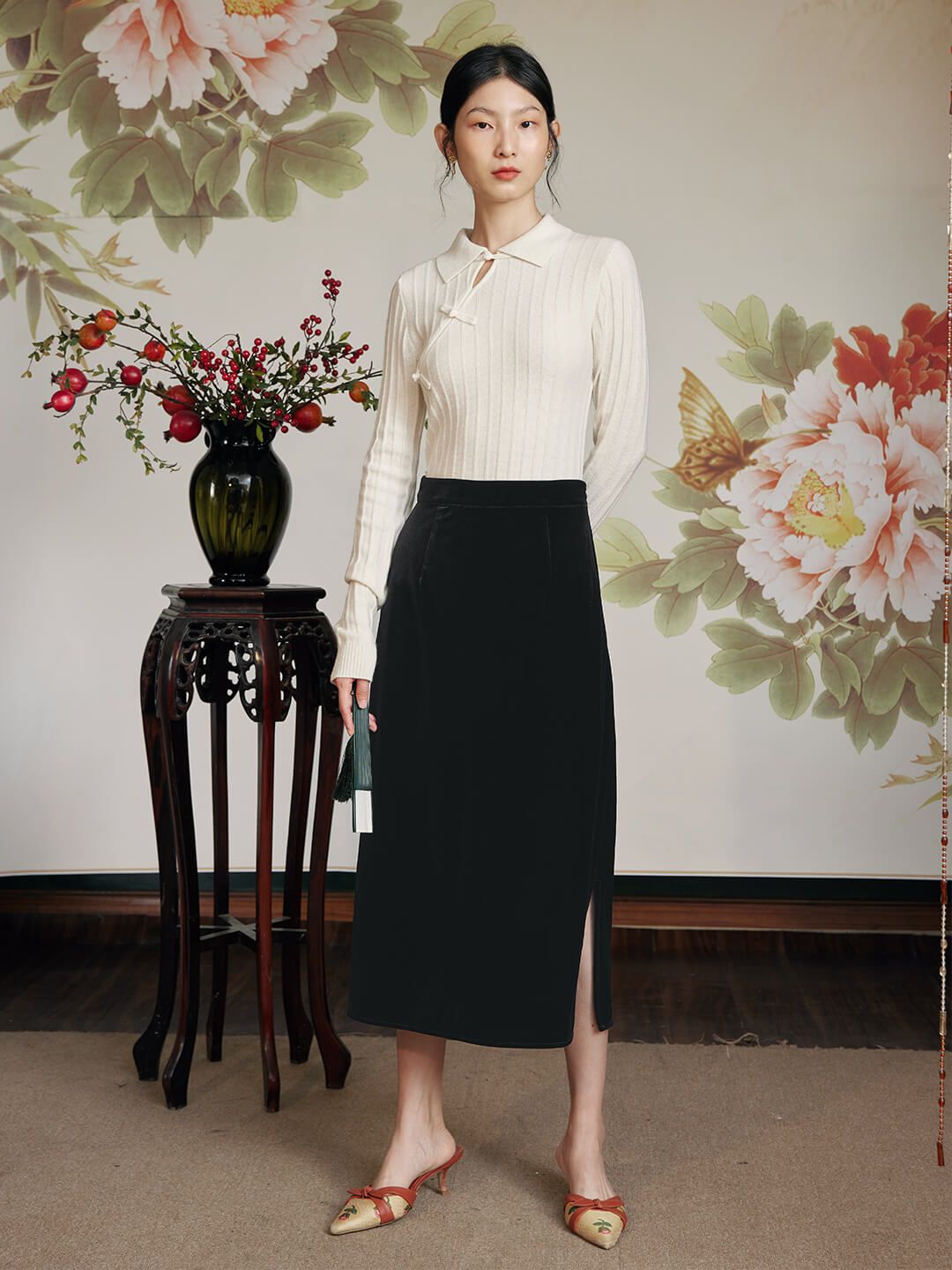 Bethany Straight Black Midi Velvet Skirt sold by Simple Retro product image thumbnail 6