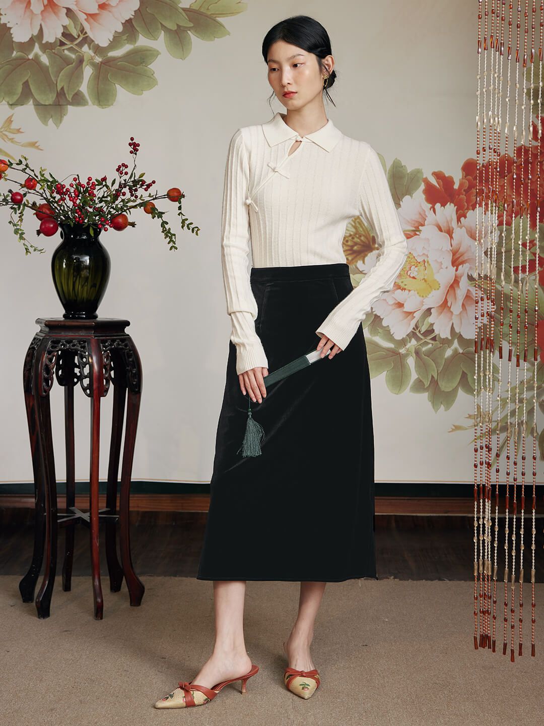 Bethany Straight Black Midi Velvet Skirt sold by Simple Retro product image thumbnail 7