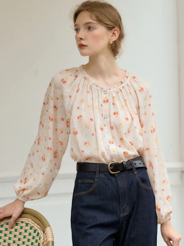 Raina Round Neck Floral Print Balloon Sleeve Blouse sold by Simple Retro