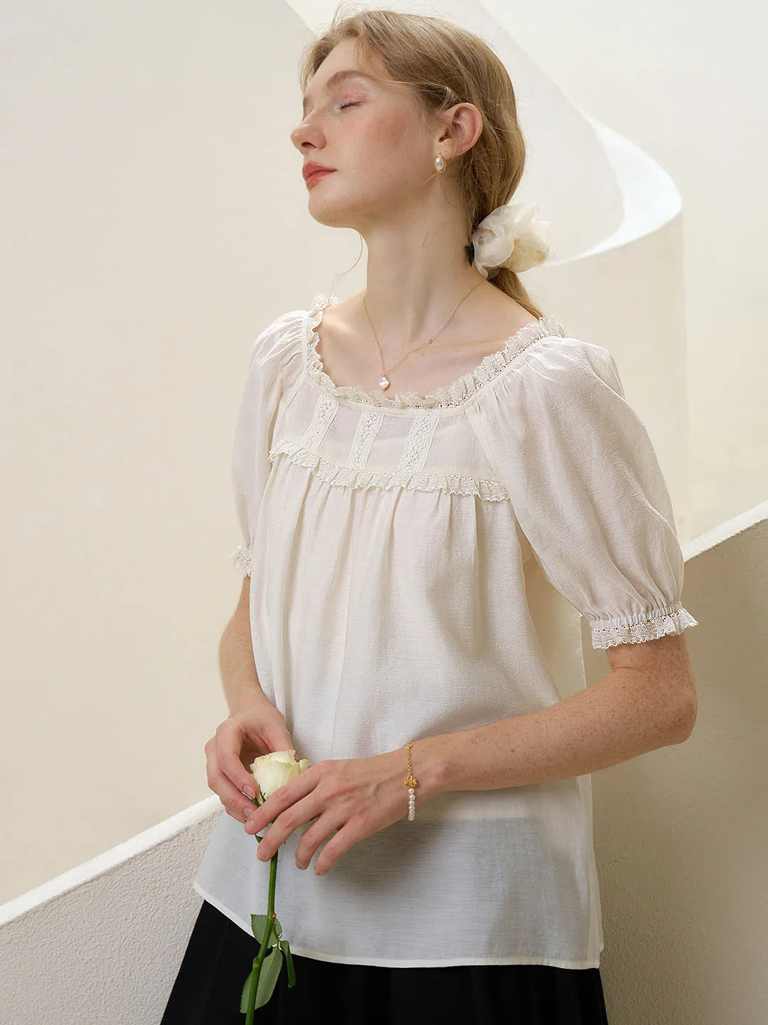 Elina Lace Panel Square Neck Puff Sleeve Blouse sold by Simple Retro product image thumbnail 4