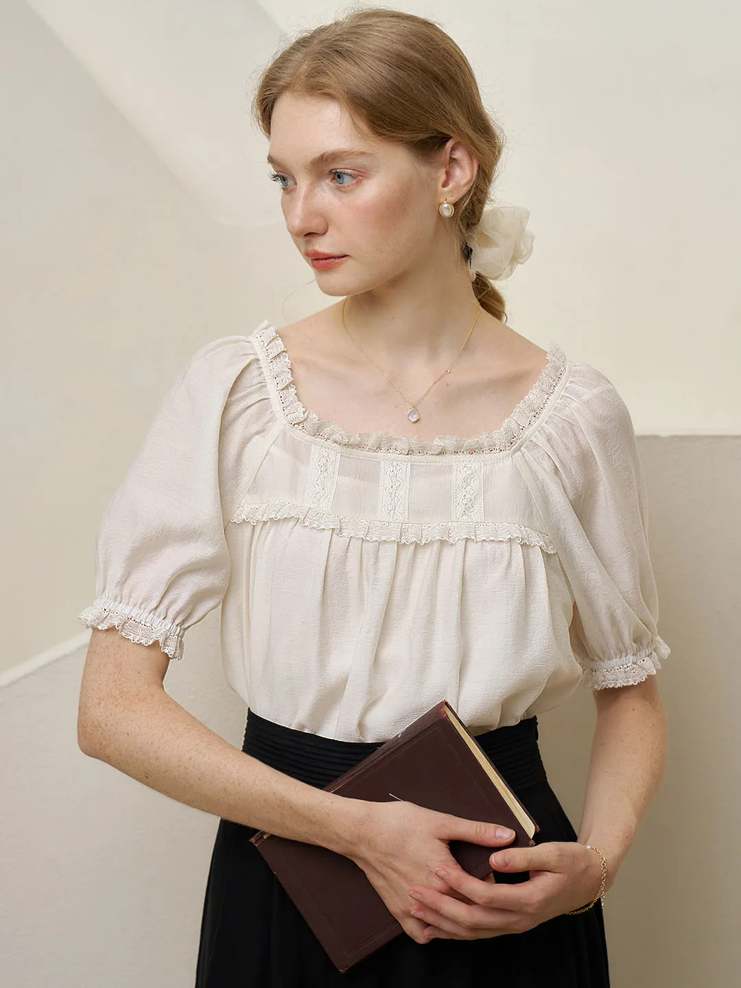 Elina Lace Panel Square Neck Puff Sleeve Blouse sold by Simple Retro product image thumbnail 3