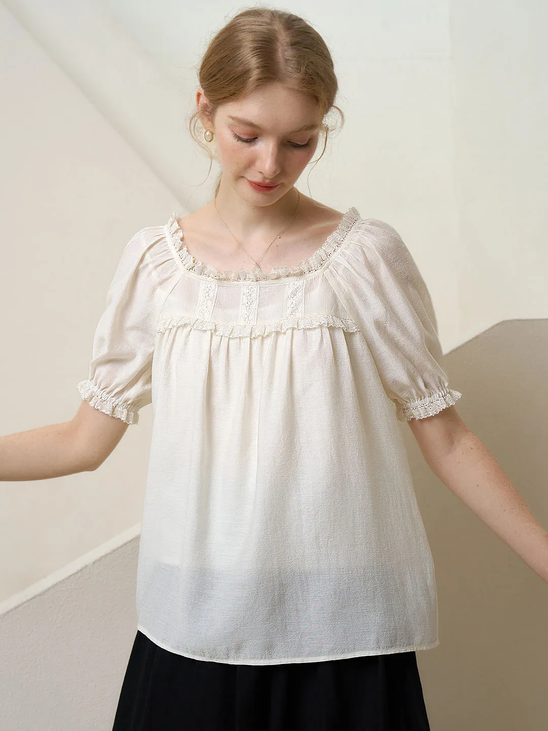 Elina Lace Panel Square Neck Puff Sleeve Blouse sold by Simple Retro product image thumbnail 2