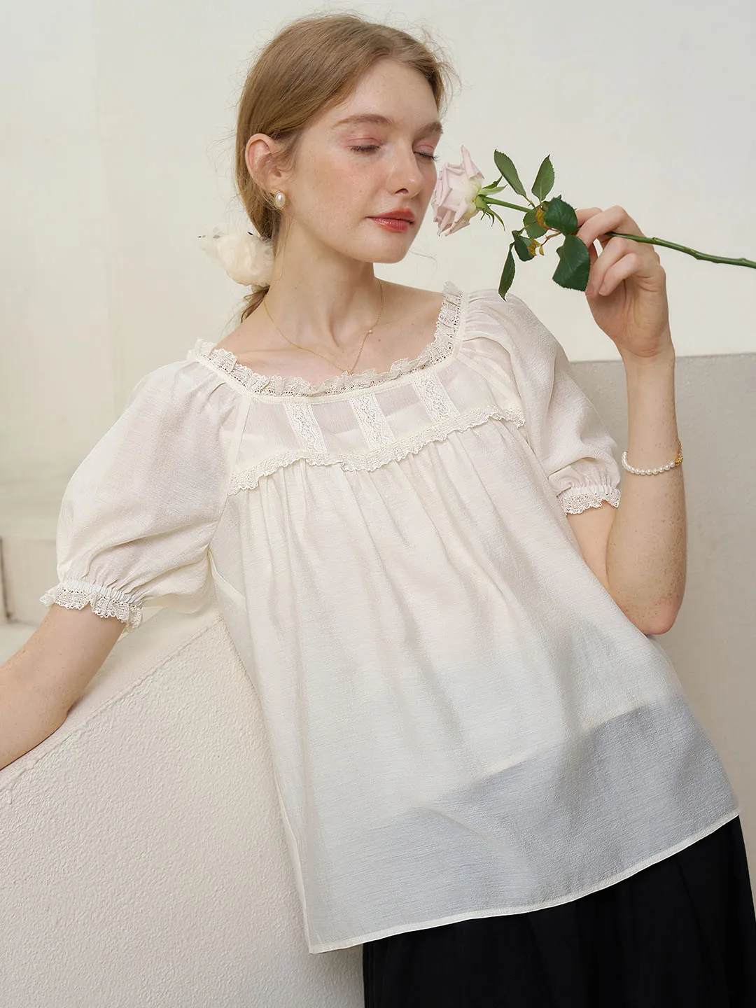 Elina Lace Panel Square Neck Puff Sleeve Blouse sold by Simple Retro product image thumbnail 5