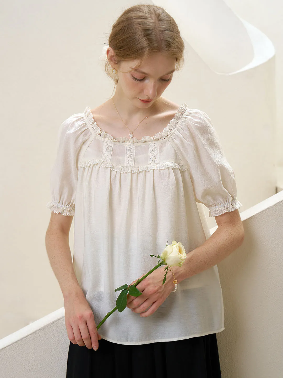 Elina Lace Panel Square Neck Puff Sleeve Blouse sold by Simple Retro