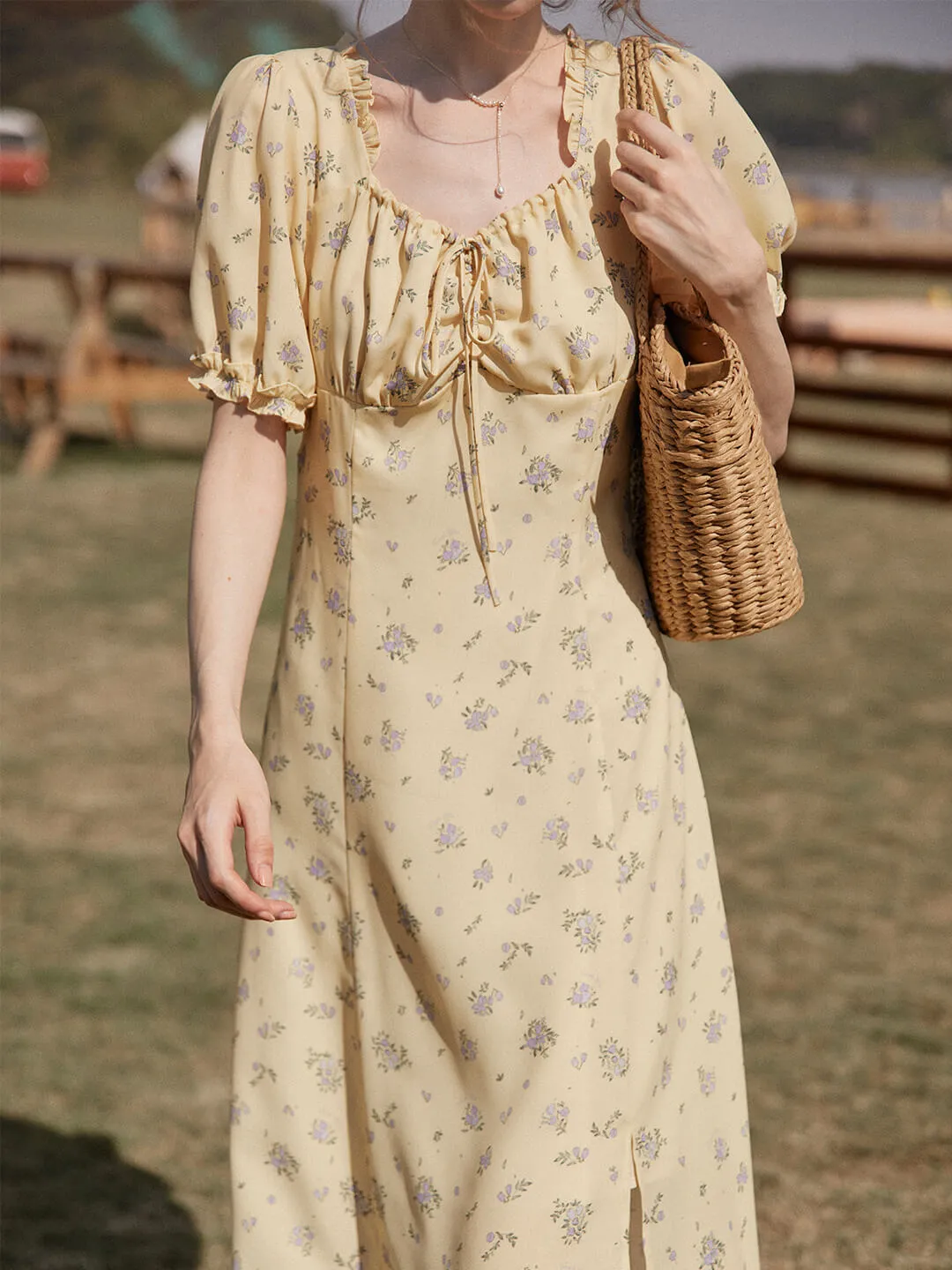 【Final Sale】Magnolia Printed Floral Yellow Midi Dress sold by Simple Retro