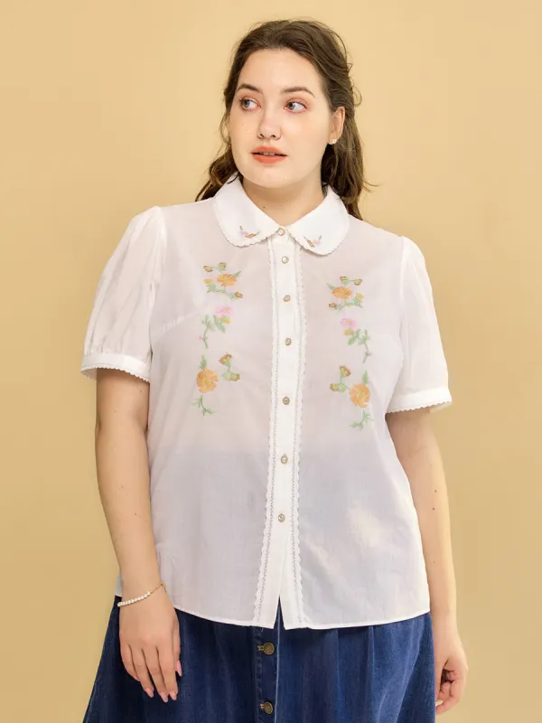 Plus Size Emmy Floral Embroidery Button Front Shirt sold by Simple Retro