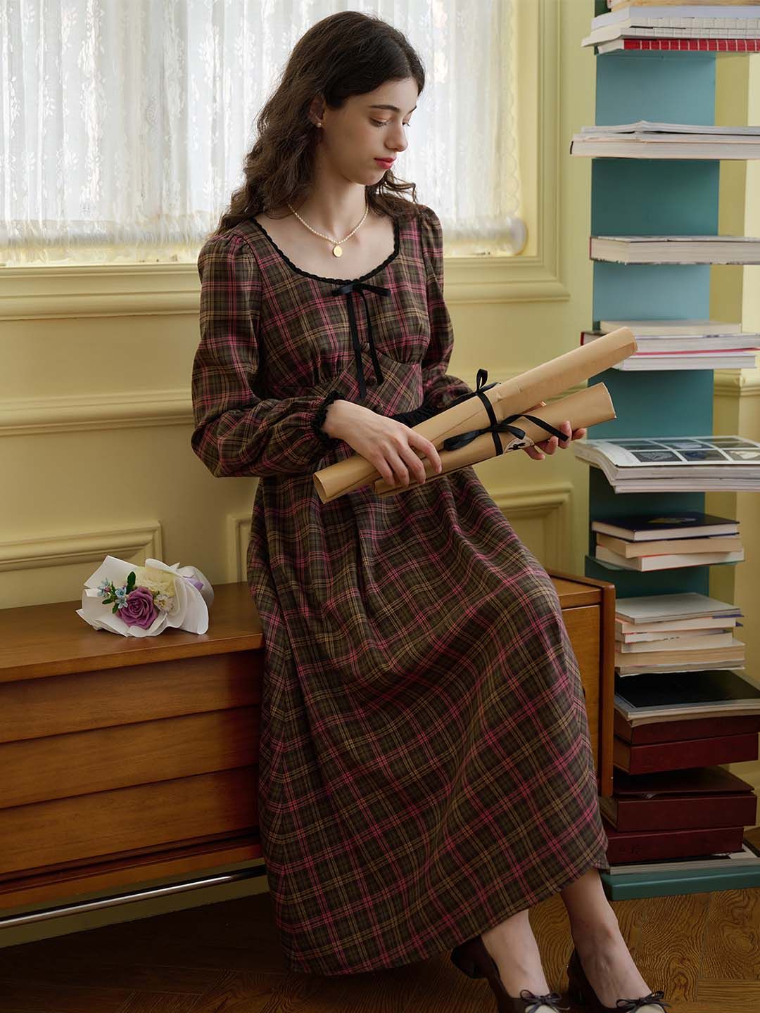 Natalia Plaid Print Contrast Trim Tie Front Dress sold by Simple Retro product image thumbnail 3