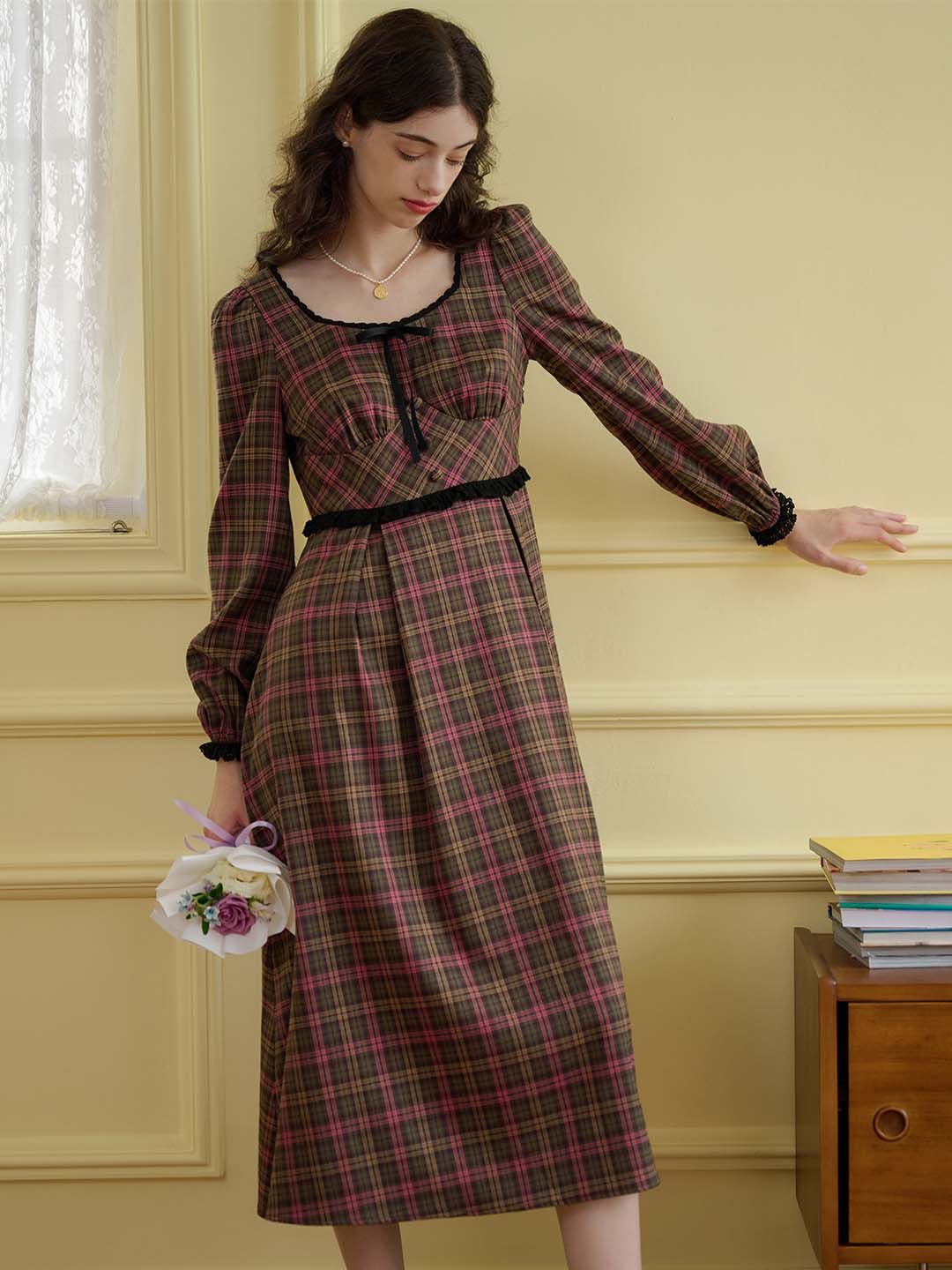 Natalia Plaid Print Contrast Trim Tie Front Dress sold by Simple Retro