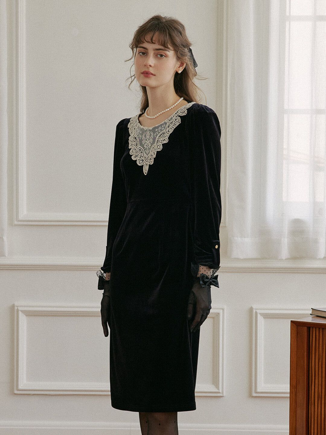 Hailey Lace Black Midi Velvet Dress sold by Simple Retro product image thumbnail 2