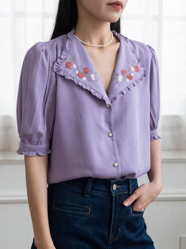 Erin Embroidered Collar Purple Blouse sold by Simple Retro