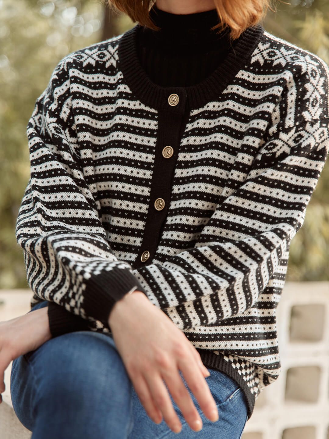 Kaiya Patterned Strip Black Knit Cardigan sold by Simple Retro product image thumbnail 4