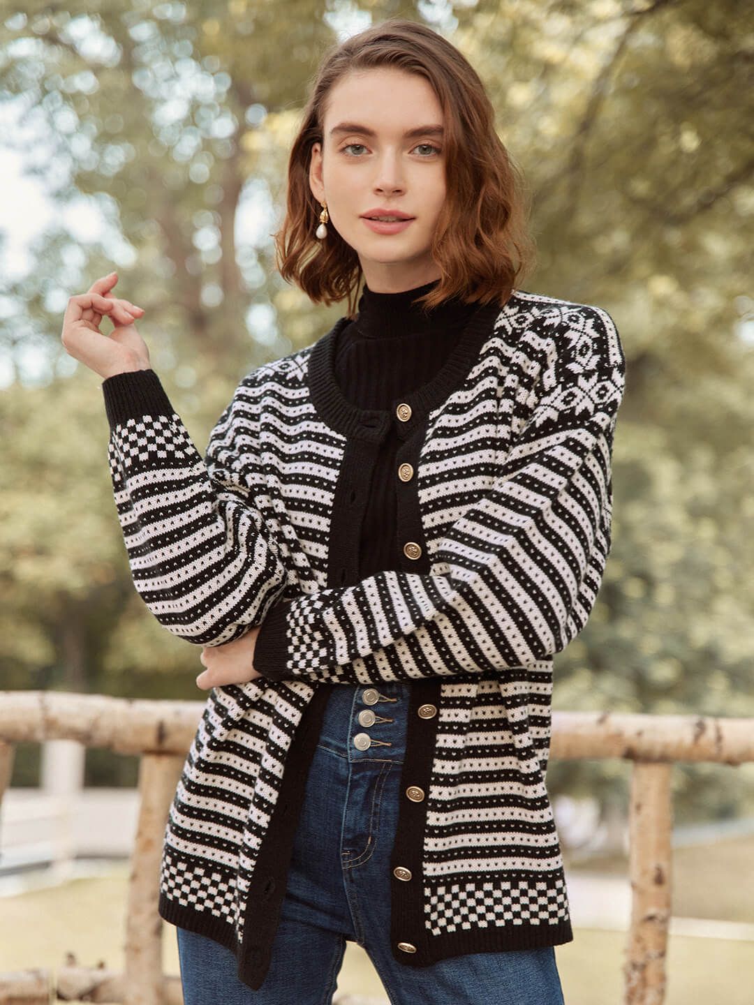 Kaiya Patterned Strip Black Knit Cardigan sold by Simple Retro