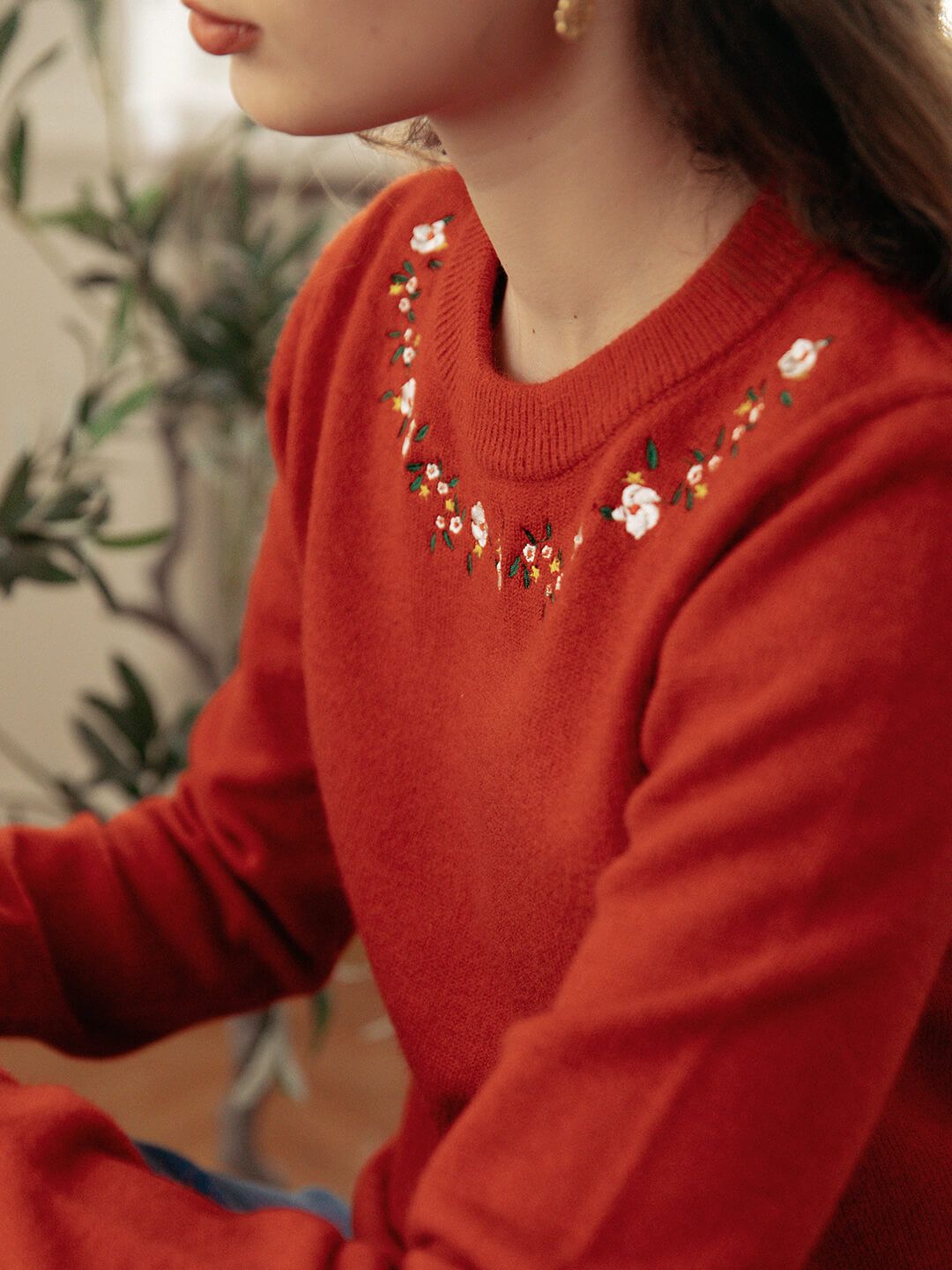 Elsa Floral Embroidery Christmas Red Knit Sweater sold by Simple Retro