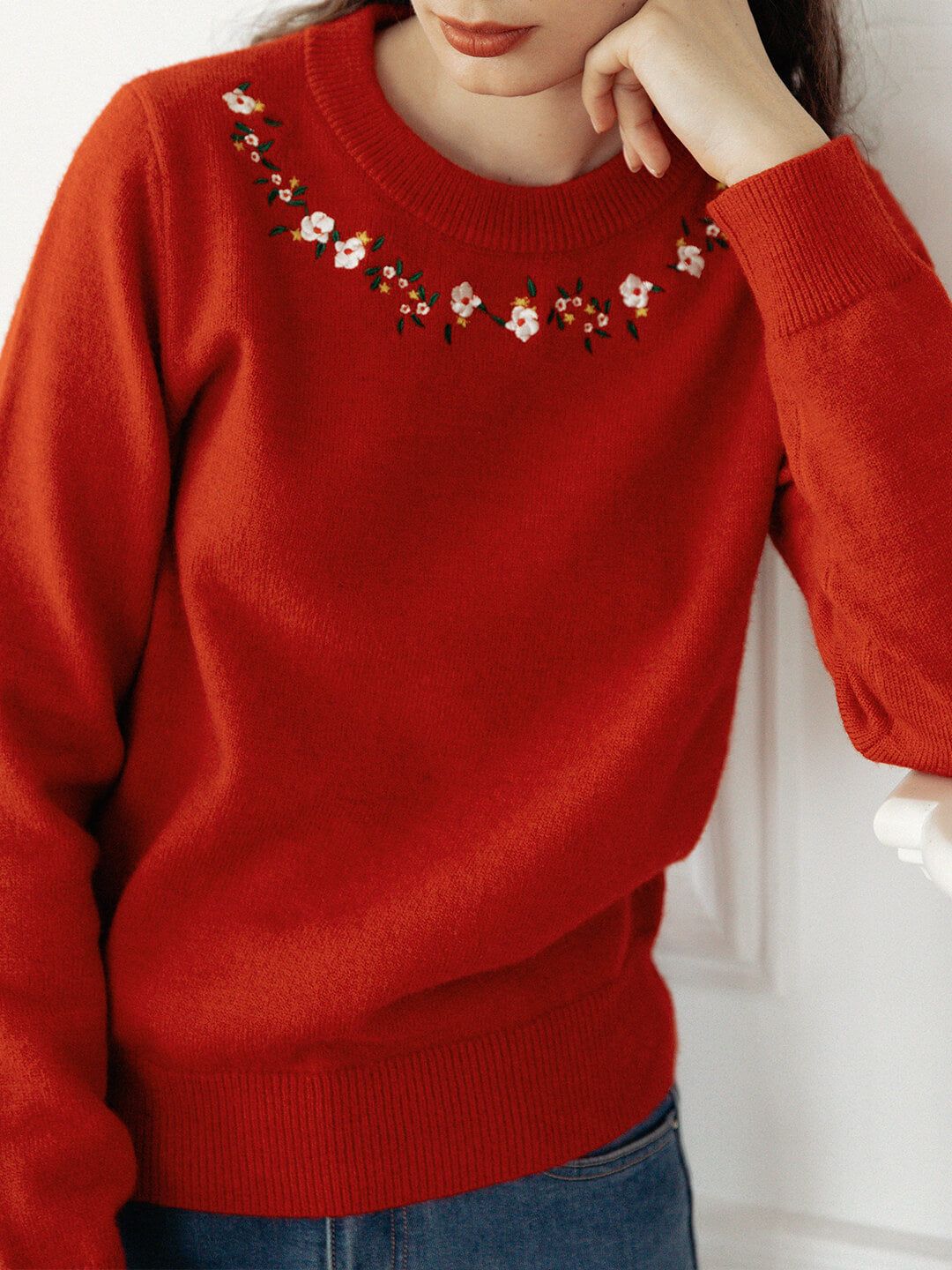 Elsa Floral Embroidery Christmas Red Knit Sweater sold by Simple Retro product image thumbnail 2