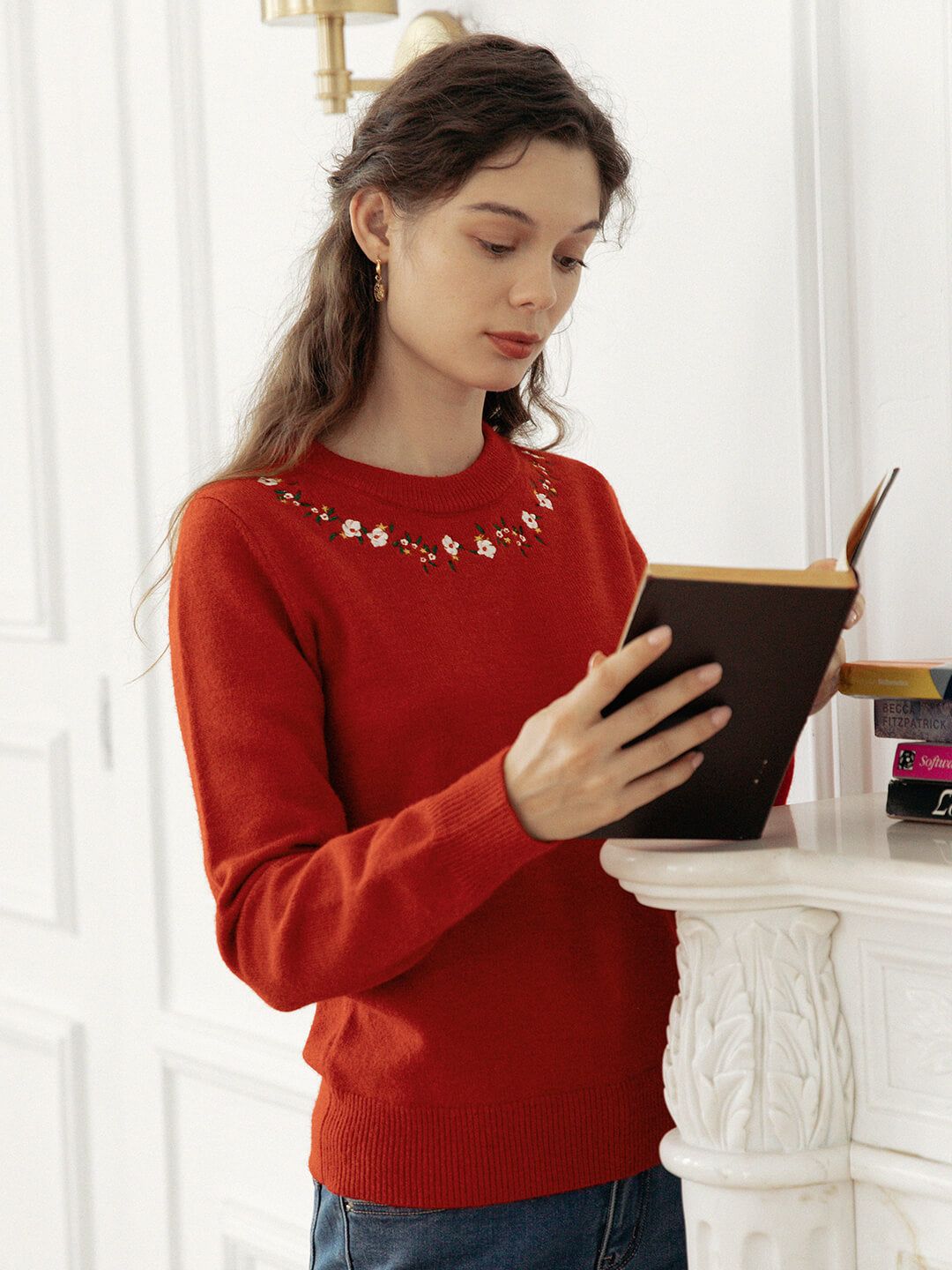 Elsa Floral Embroidery Christmas Red Knit Sweater sold by Simple Retro product image thumbnail 4