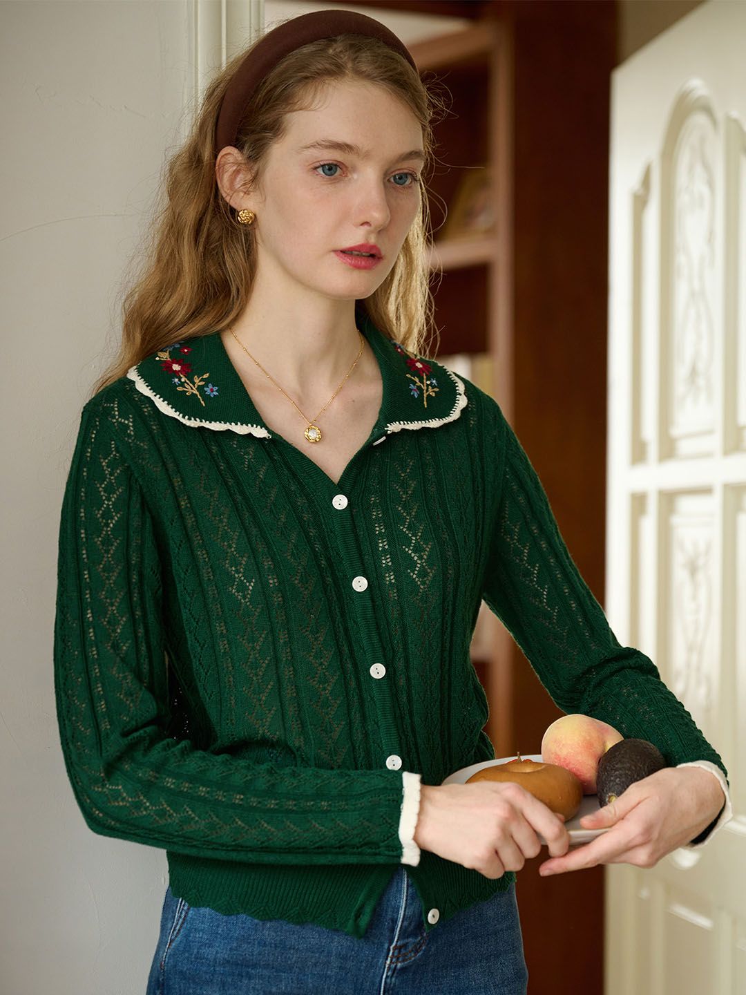 Shay Peter Pan Collar Embroidered Contrast Cutout Cardigan-Green sold by Simple Retro product image thumbnail 4