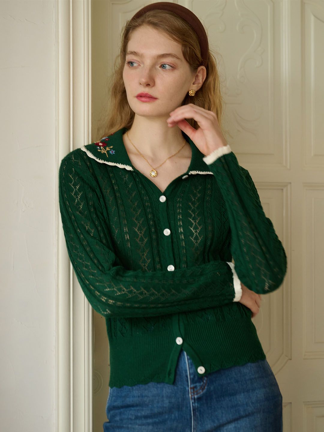 Shay Peter Pan Collar Embroidered Contrast Cutout Cardigan-Green sold by Simple Retro