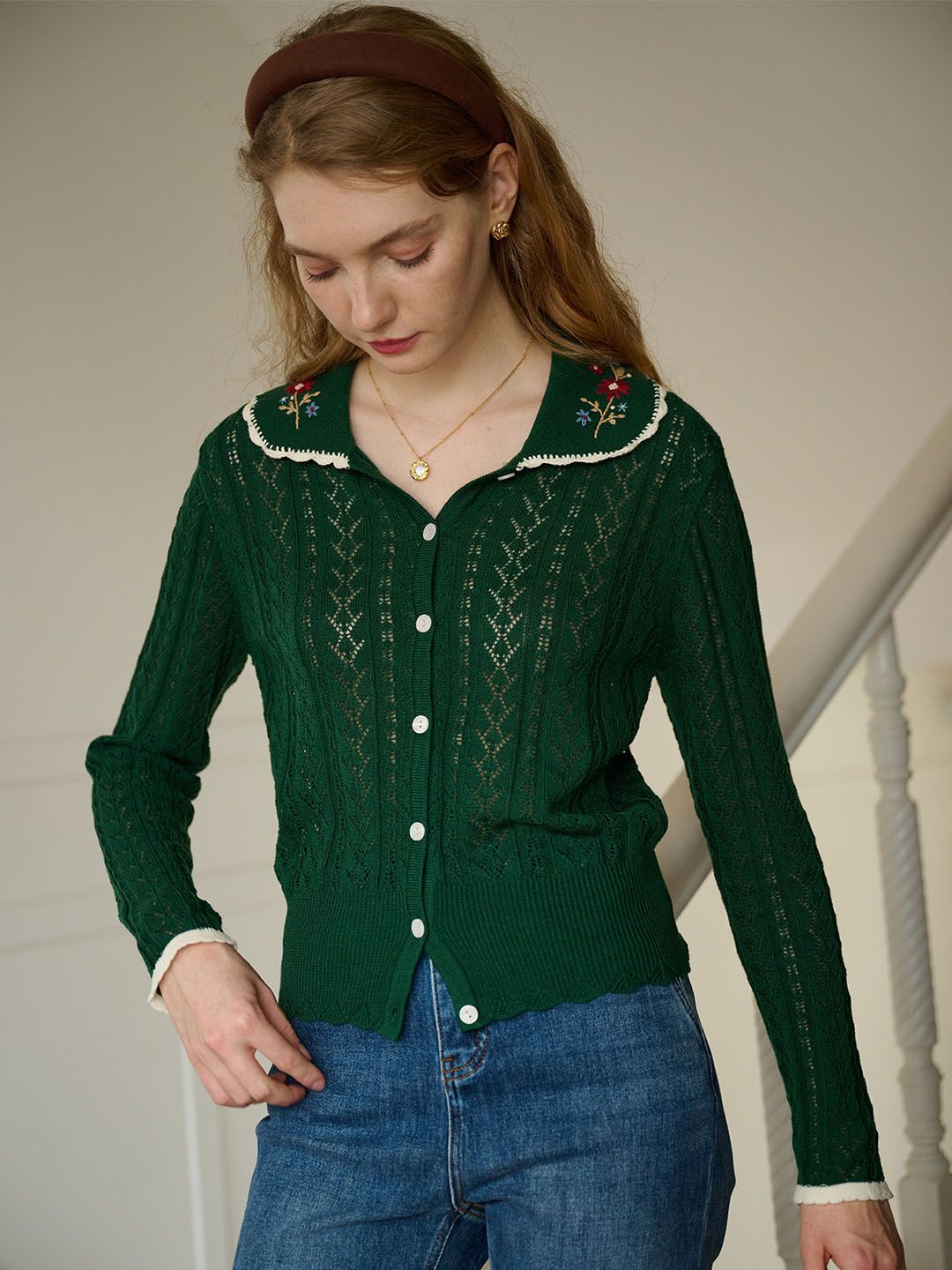 Shay Peter Pan Collar Embroidered Contrast Cutout Cardigan-Green sold by Simple Retro product image thumbnail 2