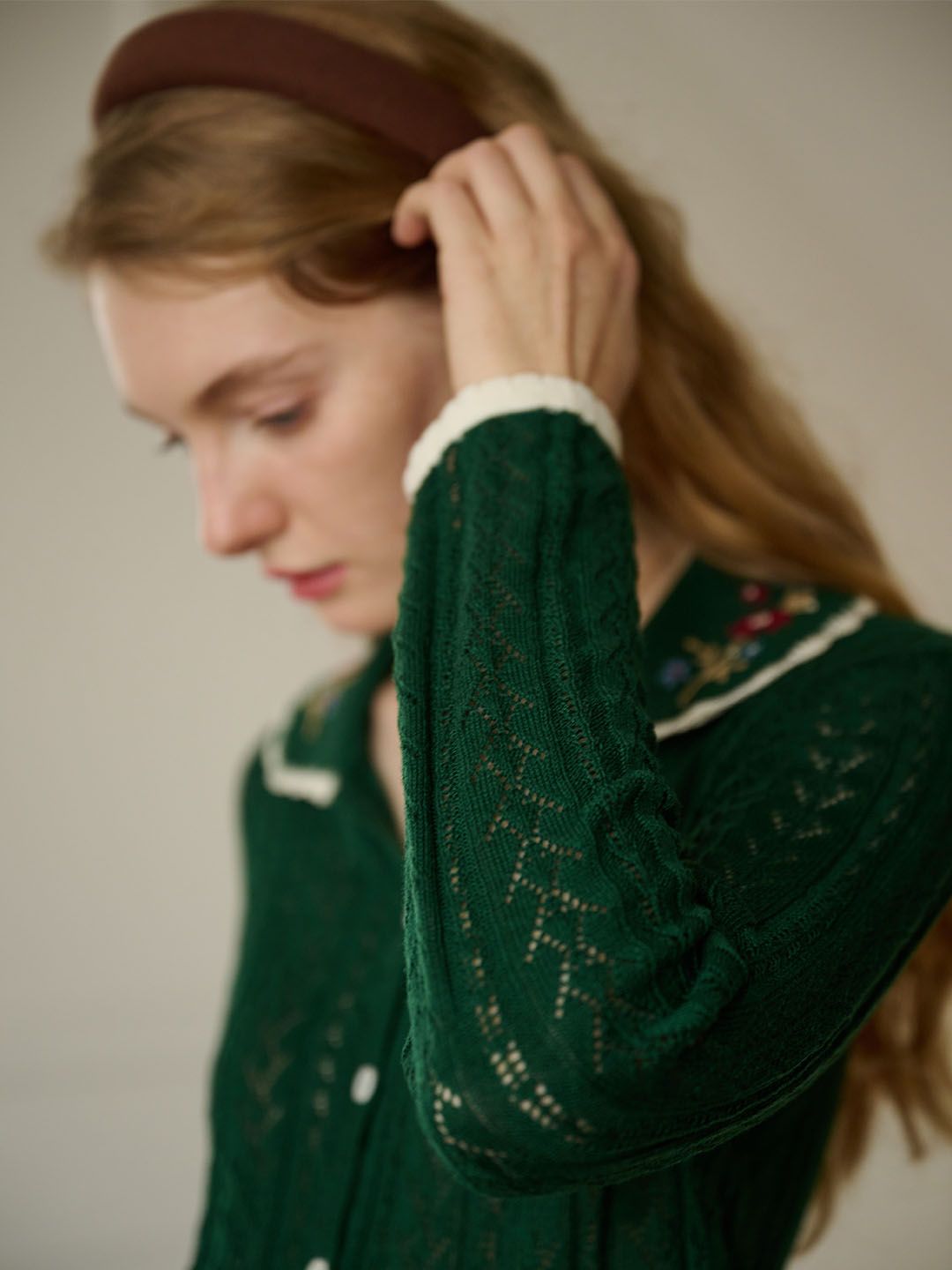 Shay Peter Pan Collar Embroidered Contrast Cutout Cardigan-Green sold by Simple Retro product image thumbnail 5