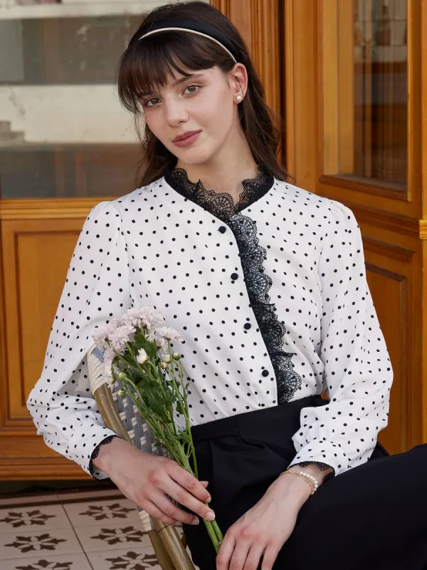 【Final Sale】Rosalina Polka Dot Contrast Lace Panel Blouse made by Simple Retro