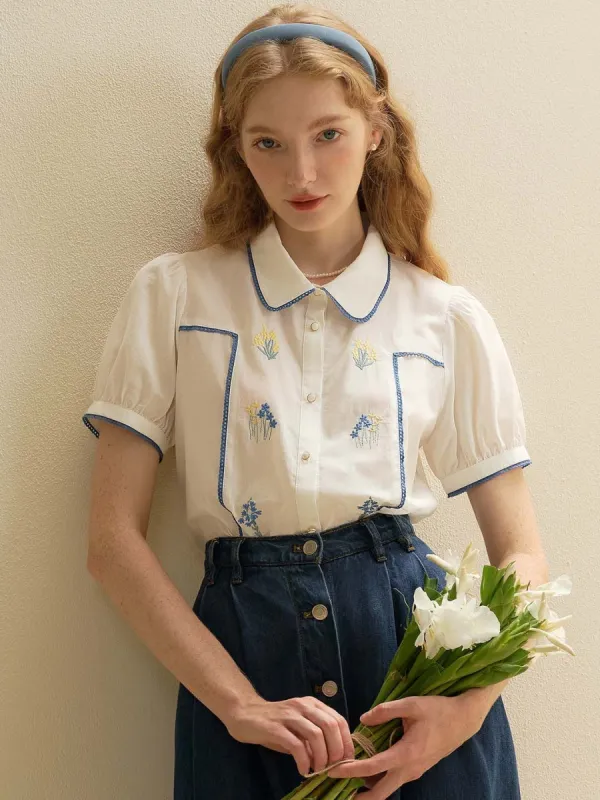 Artemis Floral Embroidery Contrast Puff Sleeve Cotton Blouse sold by Simple Retro