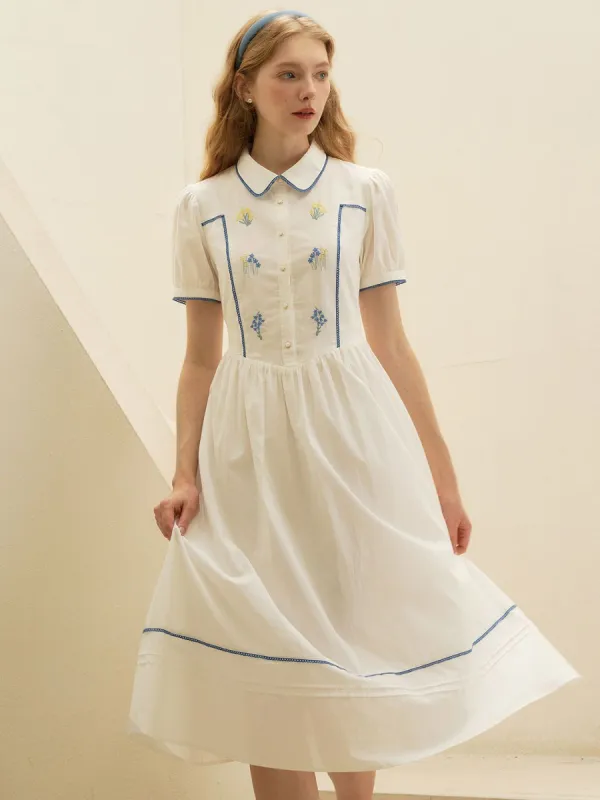 Araceli Floral Embroidery Contrast Puff Sleeve Cotton Dress sold by Simple Retro