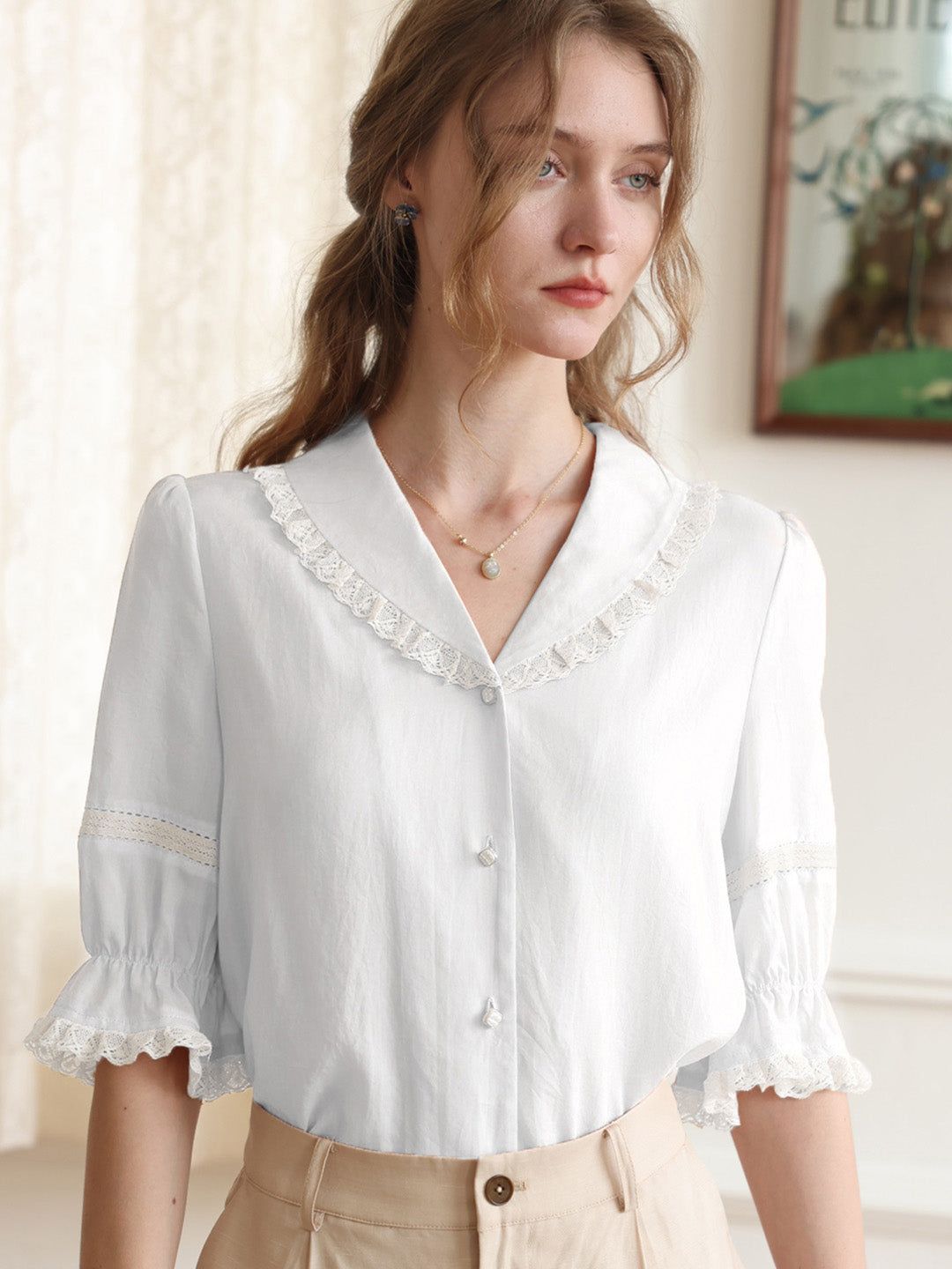 【Final Sale】Charley Ruffle Trim Color Block Blouse sold by Simple Retro