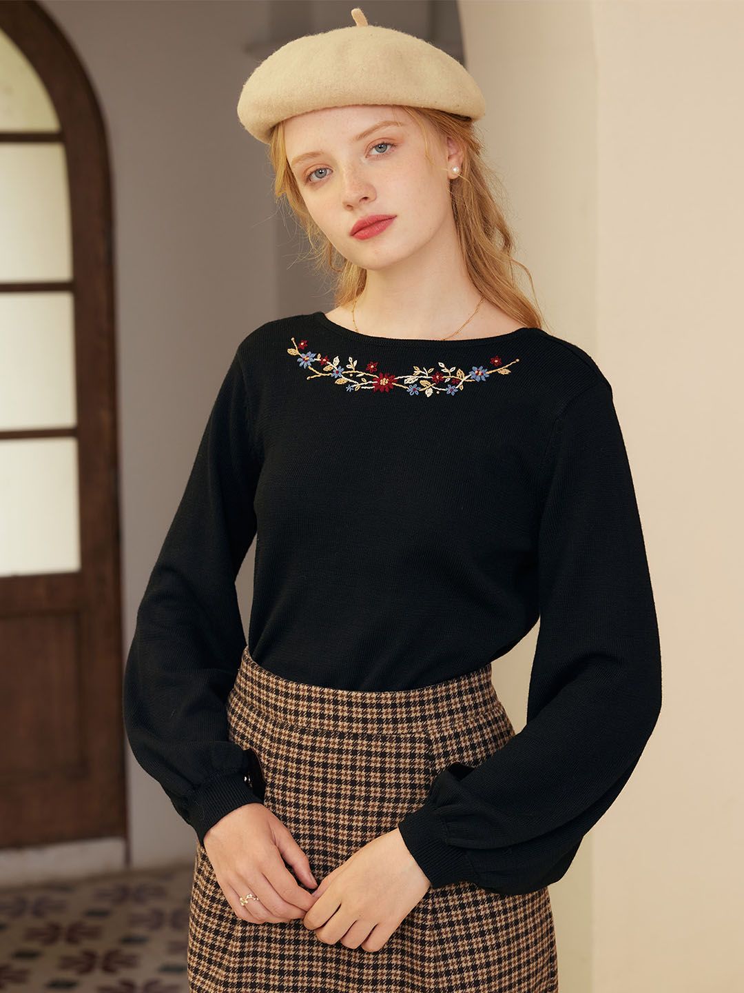 Layla Floral Embroidery Lantern Sleeve Sweater sold by Simple Retro product image thumbnail 2