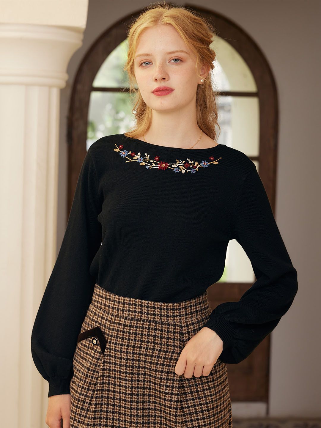 Layla Floral Embroidery Lantern Sleeve Sweater sold by Simple Retro product image thumbnail 4